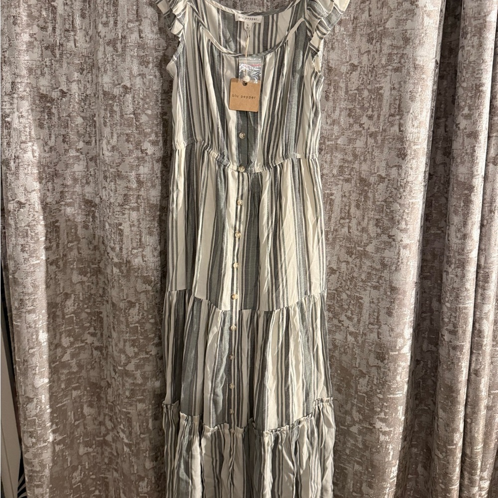 Blu Pepper Ruffled Striped Maxi Dress in Gray and Cream